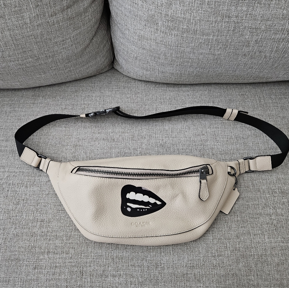 Coach X Tom Wesselmann Collab, Cream Leather Belt Bag with Graphic Design.